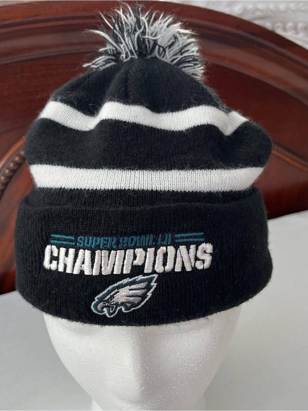 Fan Favorite Philadelphia Eagles Super Bowl LII Champions Black White Pom Beanie